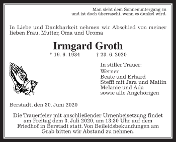 Traueranzeige von Irmgard Groh von Wetterauer Zeitung