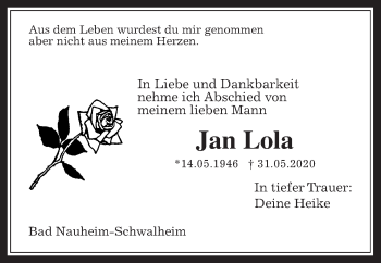 Traueranzeige von Jan Lola von Wetterauer Zeitung