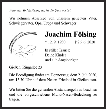 Traueranzeige von Joachim Fölsing von Giessener Allgemeine, Alsfelder Allgemeine