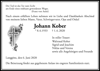 Traueranzeige von Johann Kober von Giessener Allgemeine, Alsfelder Allgemeine