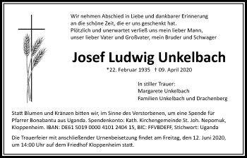 Traueranzeige von Josef Ludwig Unkelbach von Bad Vilbel/Karben