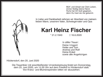 Traueranzeige von Karl Heinz Fischer von Alsfelder Allgemeine