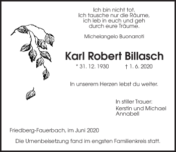 Traueranzeige von Karl Robert Billasch von Wetterauer Zeitung