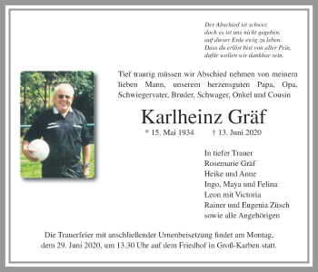 Traueranzeige von Karlheinz Gräf von Wetterauer Zeitung