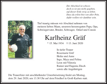 Traueranzeige von Karlheinz Gräf von Bad Vilbel/Karben