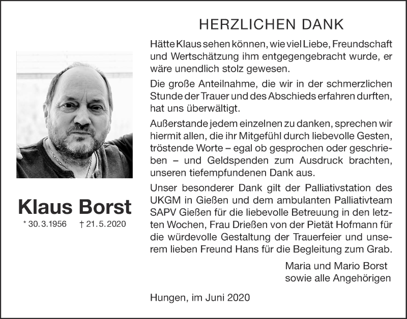  Traueranzeige für Klaus Borst vom 20.06.2020 aus Wetterauer Zeitung