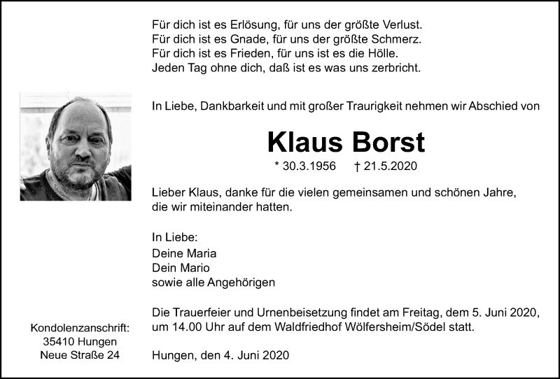  Traueranzeige für Klaus Borst vom 04.06.2020 aus Licher Wochenblatt