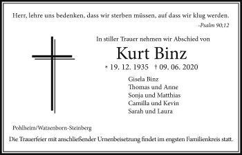 Traueranzeige von Kurt Binz von Giessener Allgemeine, Alsfelder Allgemeine