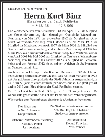 Traueranzeige von Kurt Binz von Pohlheimer Nachrichten