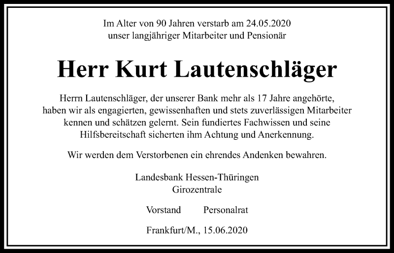  Traueranzeige für Kurt Lautenschläger vom 16.06.2020 aus Wetterauer Zeitung