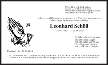 Traueranzeige von Leonhard Schöll von Wetterauer Zeitung