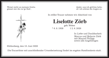 Traueranzeige von Liselote Zörb von Giessener Allgemeine, Alsfelder Allgemeine