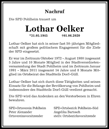 Traueranzeige von Lothar Oelker von Pohlheimer Nachrichten