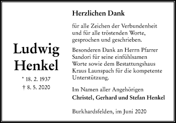 Traueranzeige von Ludwig Henkel von Giessener Allgemeine, Alsfelder Allgemeine