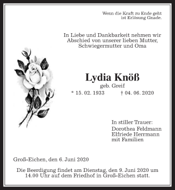 Traueranzeige von Lydia Knöß von Giessener Allgemeine, Alsfelder Allgemeine