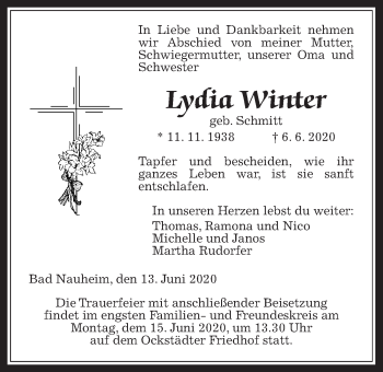 Traueranzeige von Lydia Winter von Wetterauer Zeitung