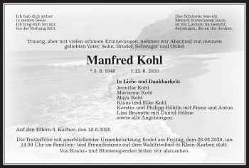Traueranzeige von Manfred Kohl von Wetterauer Zeitung, Bad Vilbeler Anzeiger, Karbener Zeitung