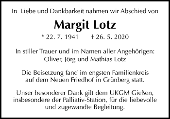 Traueranzeige von Margit Lotz von Giessener Allgemeine, Alsfelder Allgemeine