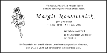 Traueranzeige von Margit Nowottnick von Wetterauer Zeitung