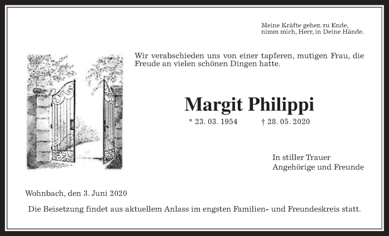  Traueranzeige für Margit Philippi vom 03.06.2020 aus Wetterauer Zeitung