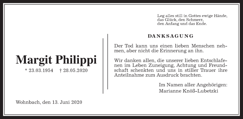  Traueranzeige für Margit Philippi vom 13.06.2020 aus Wetterauer Zeitung