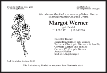 Traueranzeige von Margot Werner von Wetterauer Zeitung