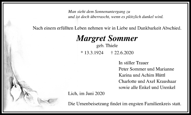  Traueranzeige für Margret Sommer vom 25.06.2020 aus Licher Wochenblatt