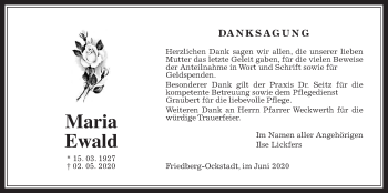 Traueranzeige von Maria Ewald von Wetterauer Zeitung