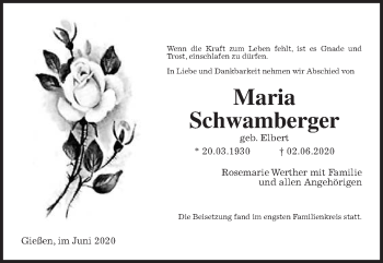 Traueranzeige von Maria Schwamberger von Wetterauer Zeitung, Giessener Allgemeine, Alsfelder Allgemeine