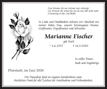Traueranzeige von Marianne Fischer von Wetterauer Zeitung