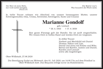 Traueranzeige von Marianne Gondolf von Wetterauer Zeitung