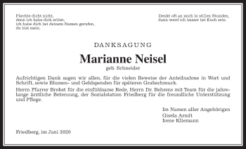 Traueranzeige von Marianne Neisel von Wetterauer Zeitung