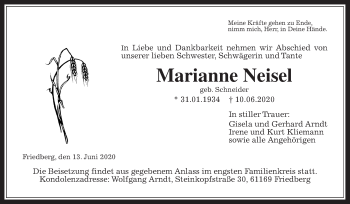 Traueranzeige von Marianne Neisel von Wetterauer Zeitung