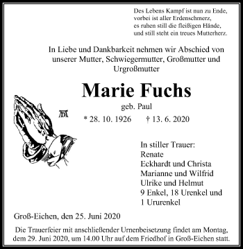 Traueranzeige von Marie Fuchs von Alsfelder Allgemeine, Mücker Stimme