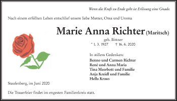 Traueranzeige von Marie Anna Richter von Giessener Allgemeine, Alsfelder Allgemeine