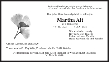 Traueranzeige von Martha Alt von Giessener Allgemeine, Alsfelder Allgemeine