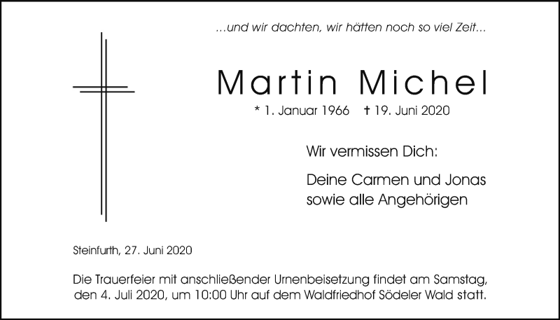  Traueranzeige für Martin Michel vom 27.06.2020 aus Wetterauer Zeitung