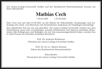 Traueranzeige von Mathias Cech von Giessener Allgemeine, Alsfelder Allgemeine