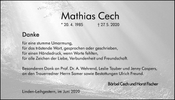 Traueranzeige von Mathias Cech von Giessener Allgemeine, Alsfelder Allgemeine