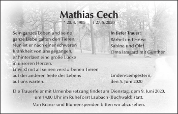 Traueranzeige von Mathias Cech von Giessener Allgemeine, Alsfelder Allgemeine