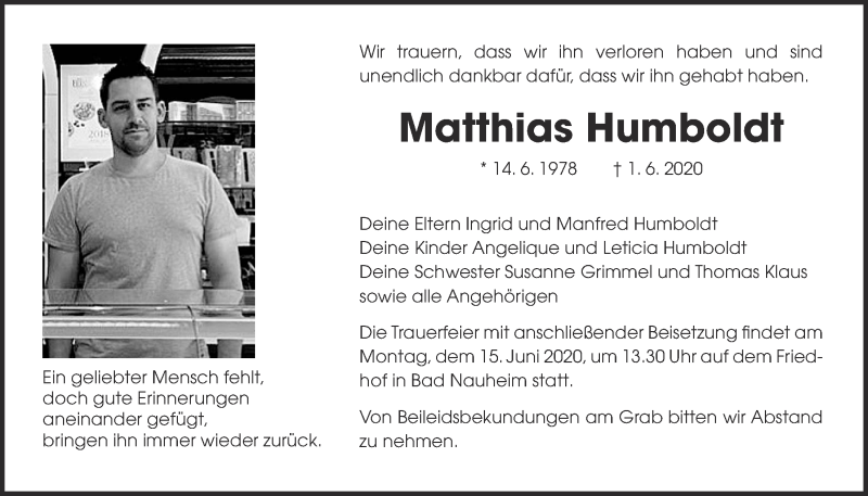  Traueranzeige für Matthias Humboldt vom 13.06.2020 aus Wetterauer Zeitung