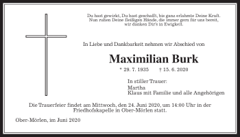 Traueranzeige von Maximilian Burk von Wetterauer Zeitung