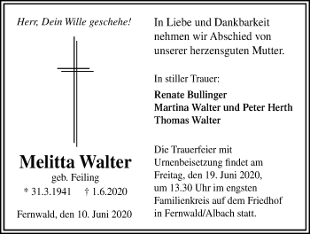 Traueranzeige von Melitta Walter von Licher Wochenblatt