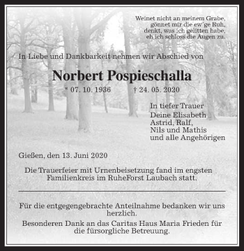 Traueranzeige von Norbert Pospieschalla von Giessener Allgemeine, Alsfelder Allgemeine