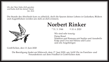 Traueranzeige von Norbert Rinker von Giessener Allgemeine, Alsfelder Allgemeine