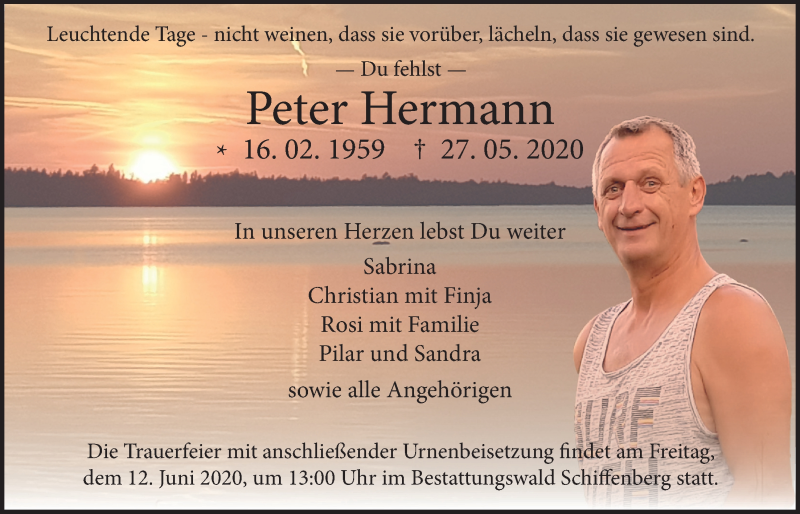  Traueranzeige für Peter Hermann vom 06.06.2020 aus Giessener Allgemeine, Alsfelder Allgemeine