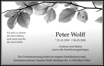Traueranzeige von Peter Wolff von Bad Vilbel/Karben