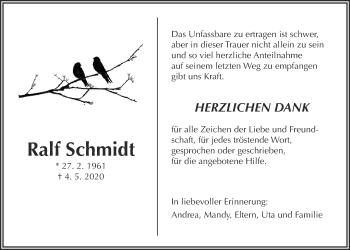 Traueranzeige von Ralf Schmidt von Wetterauer Zeitung