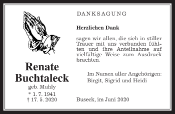 Traueranzeige von Renate Buchtaleck von Giessener Allgemeine, Alsfelder Allgemeine