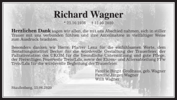 Traueranzeige von Richard Wagner von Giessener Allgemeine, Alsfelder Allgemeine